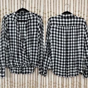 Madewell Black White Gingham Buffalo Plaid Long Sleeve Cowl Open Wrap Blouse XL